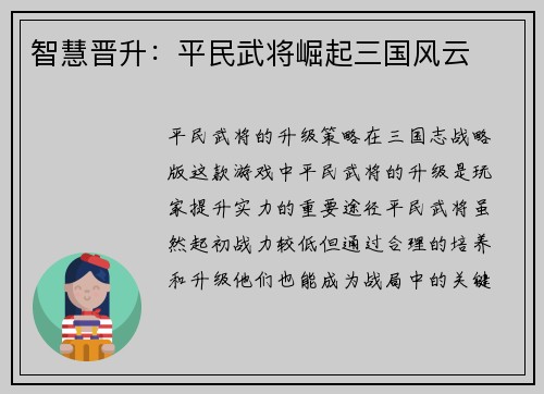 智慧晋升：平民武将崛起三国风云