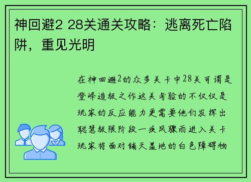 神回避2 28关通关攻略：逃离死亡陷阱，重见光明